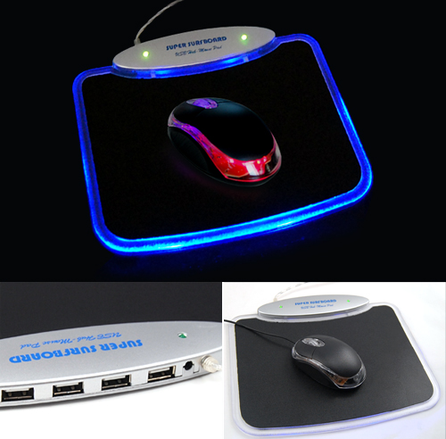 Blue Led Light Mousepad Mouse Pad Mat 4 Ports Usb Hub For Pc Laptop Computer